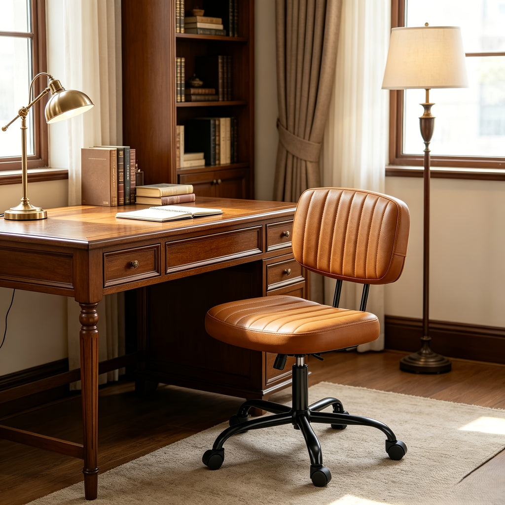 Armless Rolling Office Chair - Faux Leather Vanity Stool