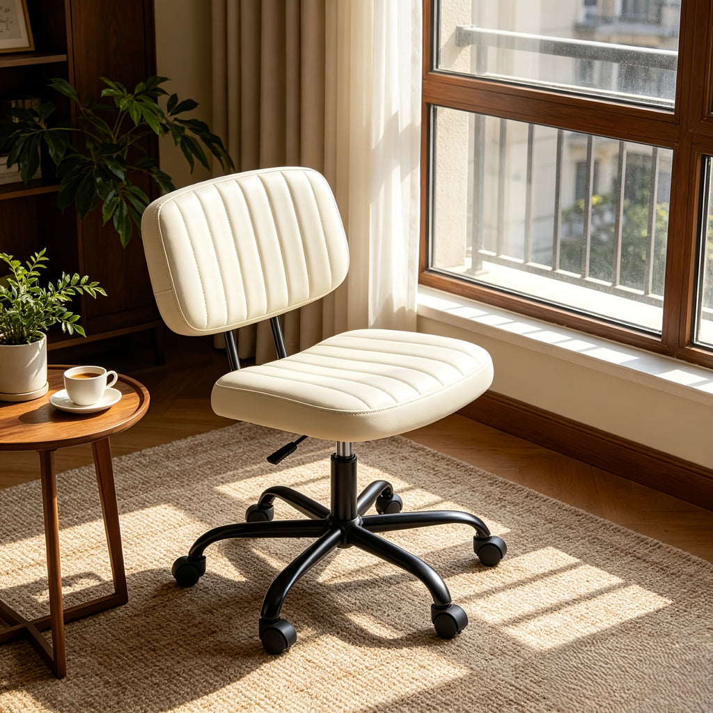 Armless Rolling Office Chair - Faux Leather Vanity Stool
